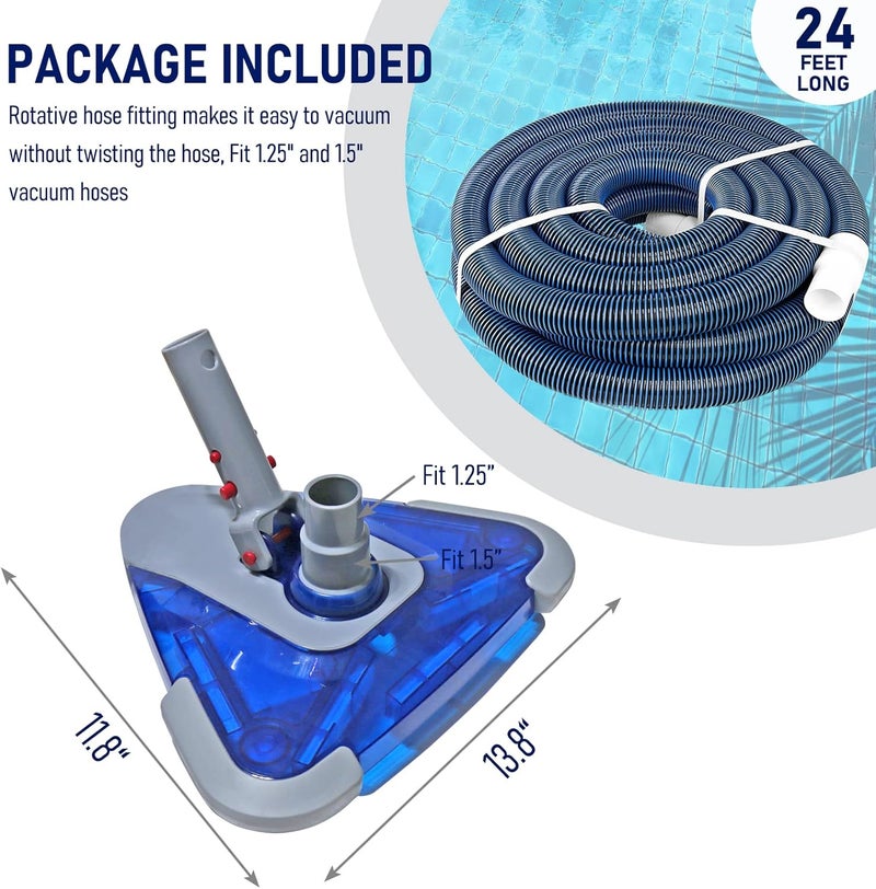 POOLWHALE Professional 1-1/2-Inch x 24-Feet Swimming Pool Vacuum Hoses with Swivel Cuff and Triangular Weighted Flex Vacuum Head, Perfect for Above Ground and Small Inground Pools - Image 2